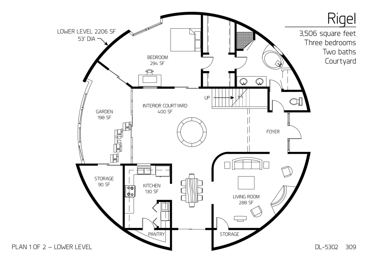 Rigel: Main Floor of a 53' Diameter, 3,506 SF, Four-Bedroom, Two-Bath Floor Plan.