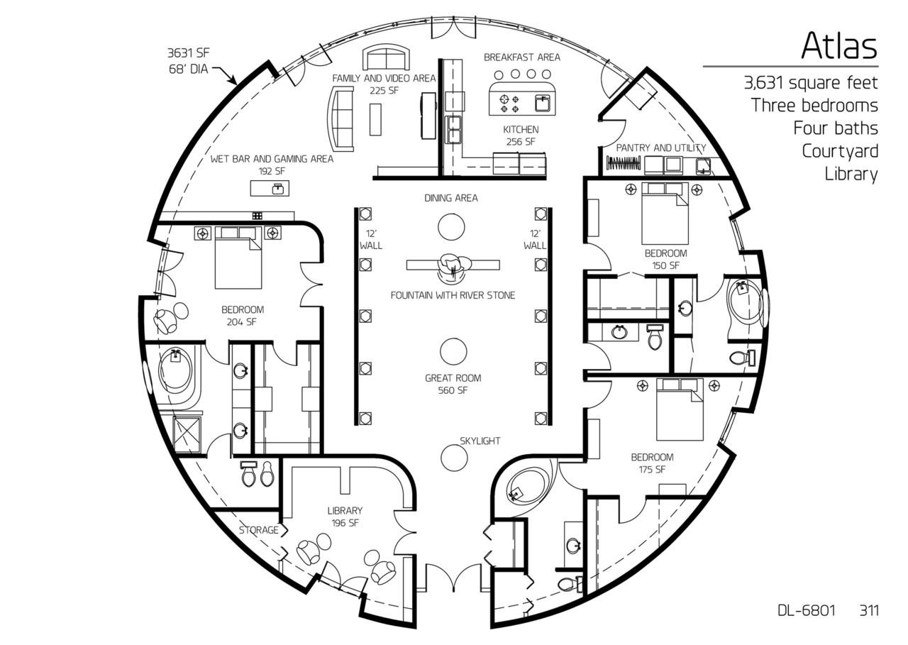 Atlas: A 68' Diameter, 3,631 SF, Three-Bedroom, Three and a Half-Bath Floor Plan.