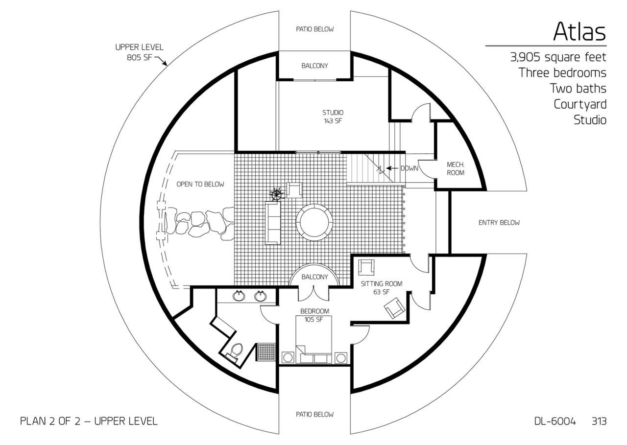 Atlas: Upper Floor of a 60' Diameter, 3,905 SF, Three-Bedroom, Two-Bath Floor Plan.