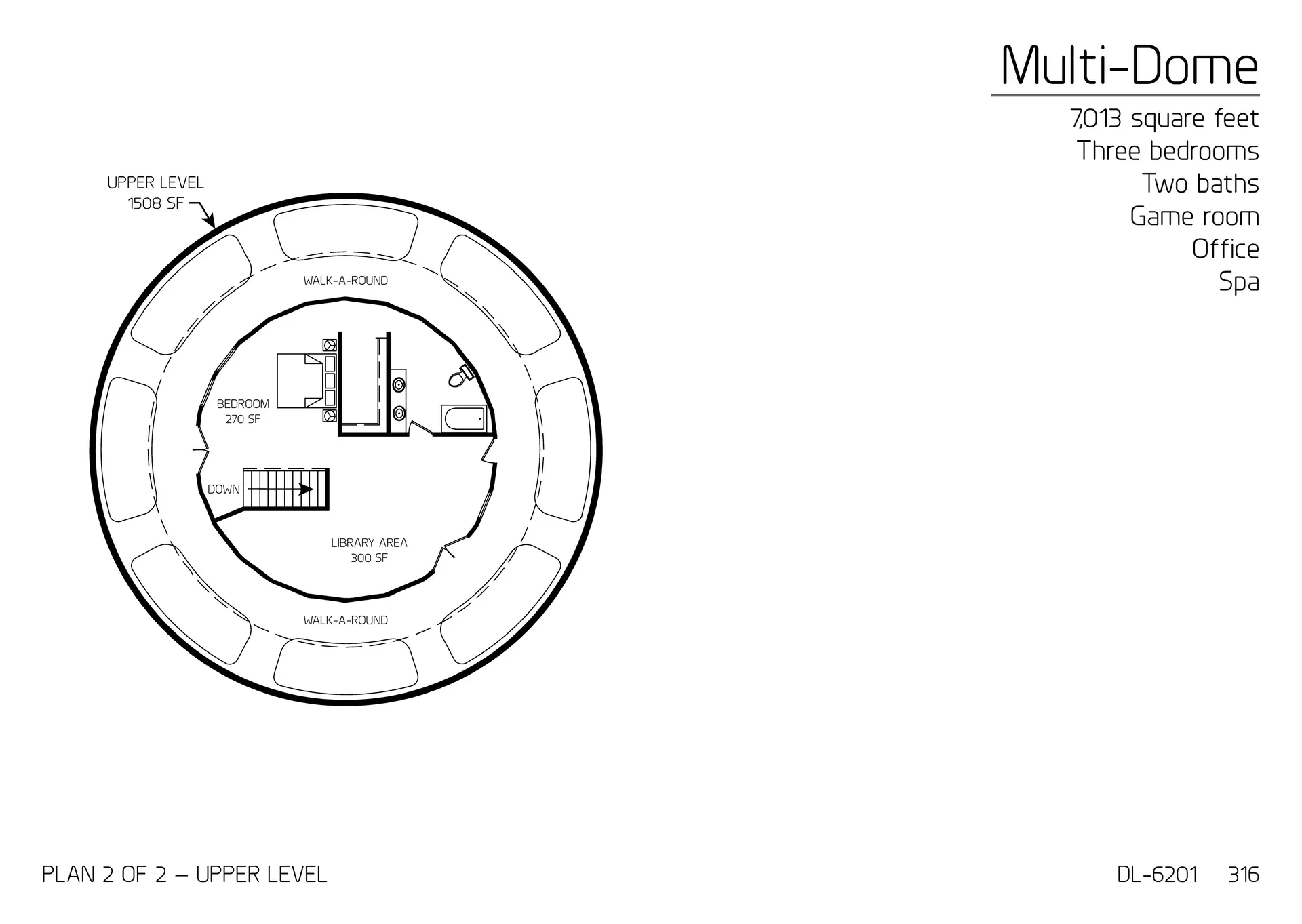 Multi-Dome: Second Floor of 62', 32', 36' and 46' Diameter Domed, 7,013 SF, Three-Bedrooms, Two-Bath Floor Plan.