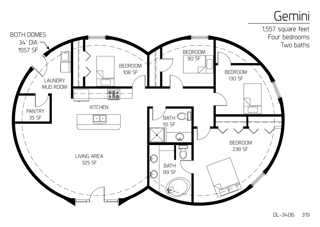 Gemini: Double 34' Diameter, 1,557 SF, Four-Bedroom, Two-Bath Floor Plan.