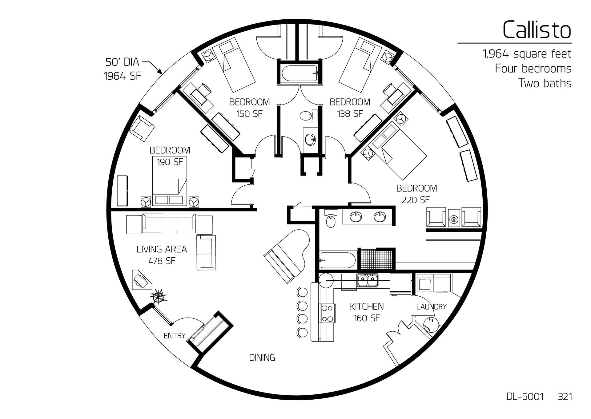 Callisto: A 50' Diameter, 1,964 SF, Four-Bedroom, Two-Bath Floor Plan.