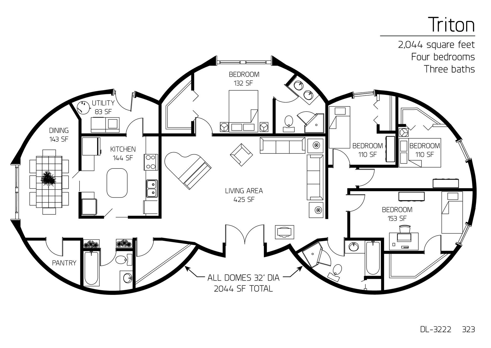 Triton: Three 32’ Diameter Domes, 2,044 SF, Four-Bedroom, Three-Bath Floor Plan.