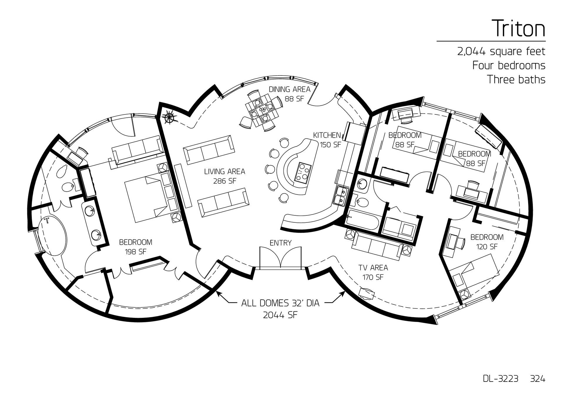 Triton: Three 32' Diameter Domes, 2,044 SF, Four-Bedroom, Two and a Half-Bath Floor Plan.