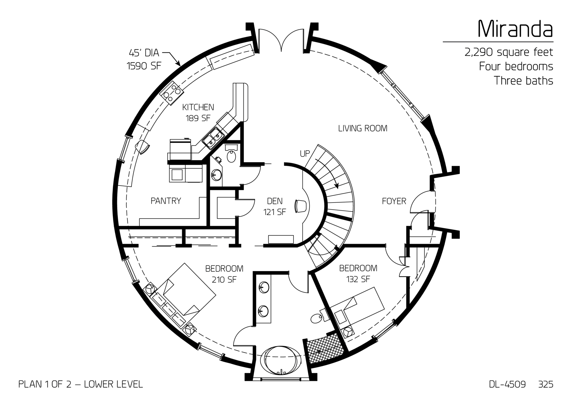 Miranda: Main Floor of a 45' Diameter, 2,290 SF, Four-Bedroom, Three-Bath Floor Plan.