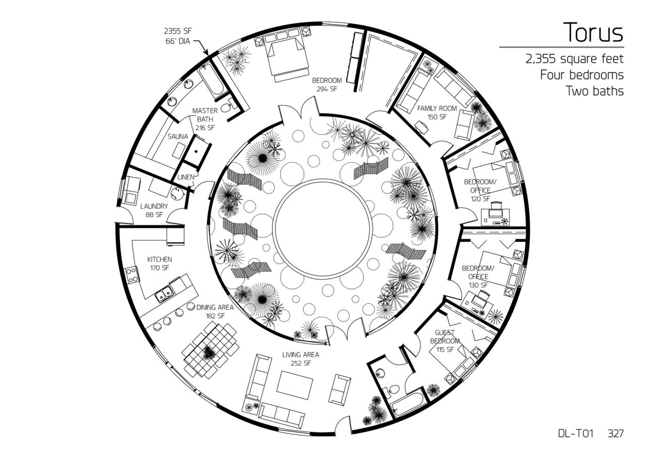 Torus: A 66' Diameter, 2,355 SF, Four-Bedroom, Three-Bath Floor Plan.