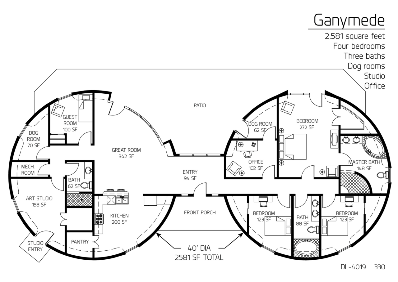 Ganymede: Two 40' Diameter Domes, 2,581 SF, Four-Bedroom, Three-Bath Floor Plan.