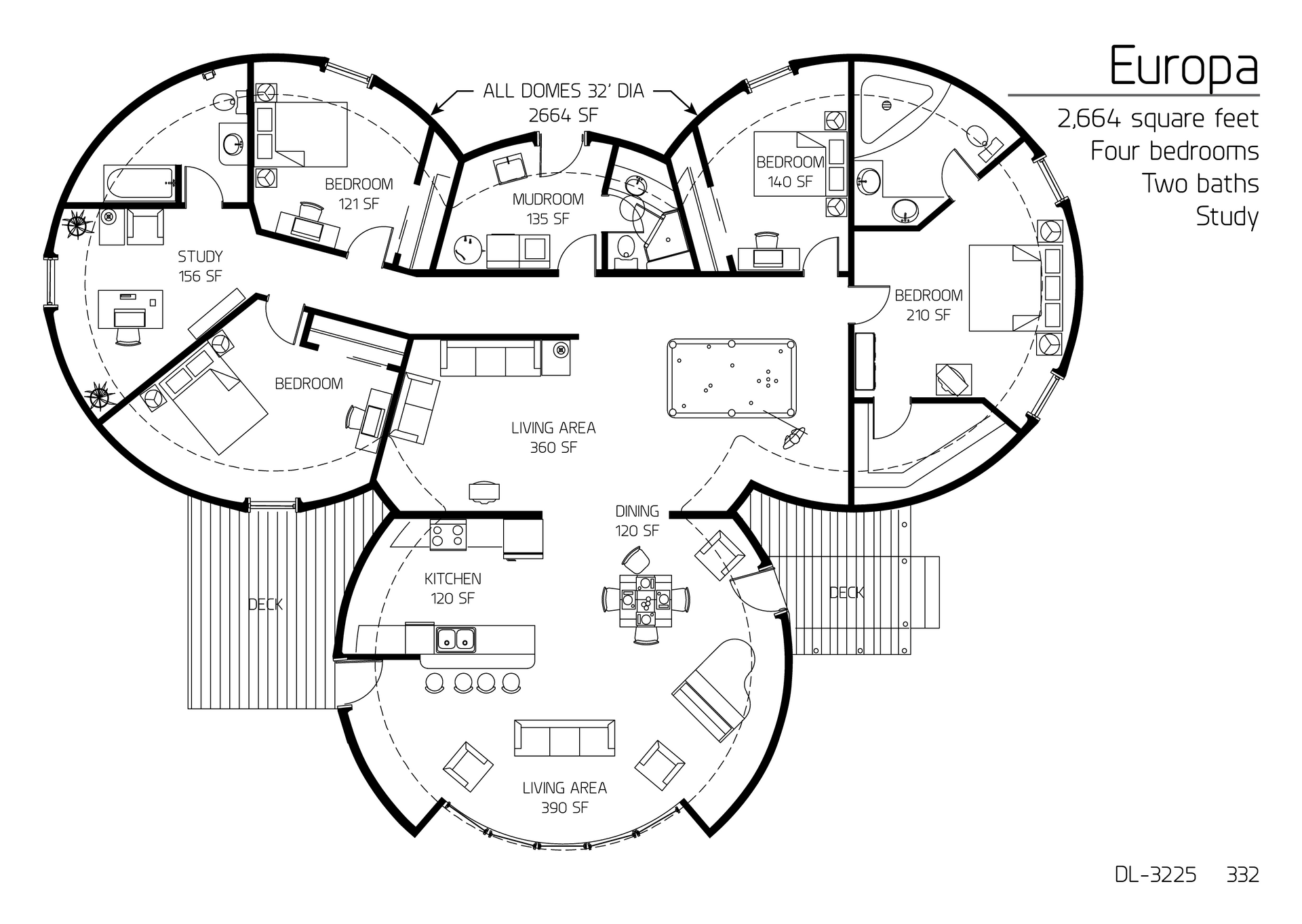 Europa: Four 32' Diameter Domes, 2,664 SF, Four-Bedroom, Three-Bath Floor Plan.