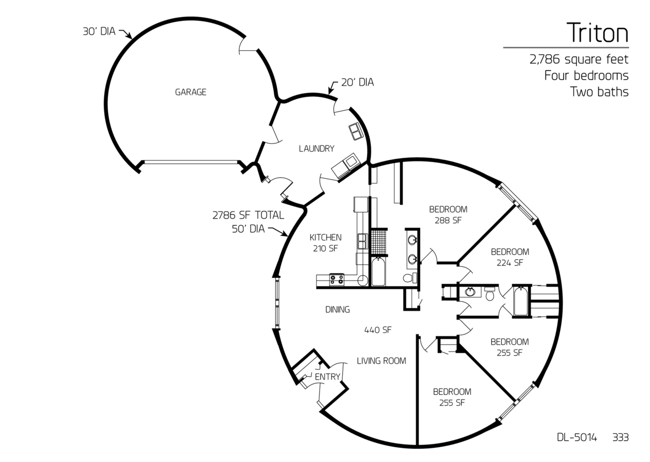 Triton: 30', 20', and 50' Diameter Domes, 2,786 SF, Four-Bedroom, Two-Bath Floor Plan.