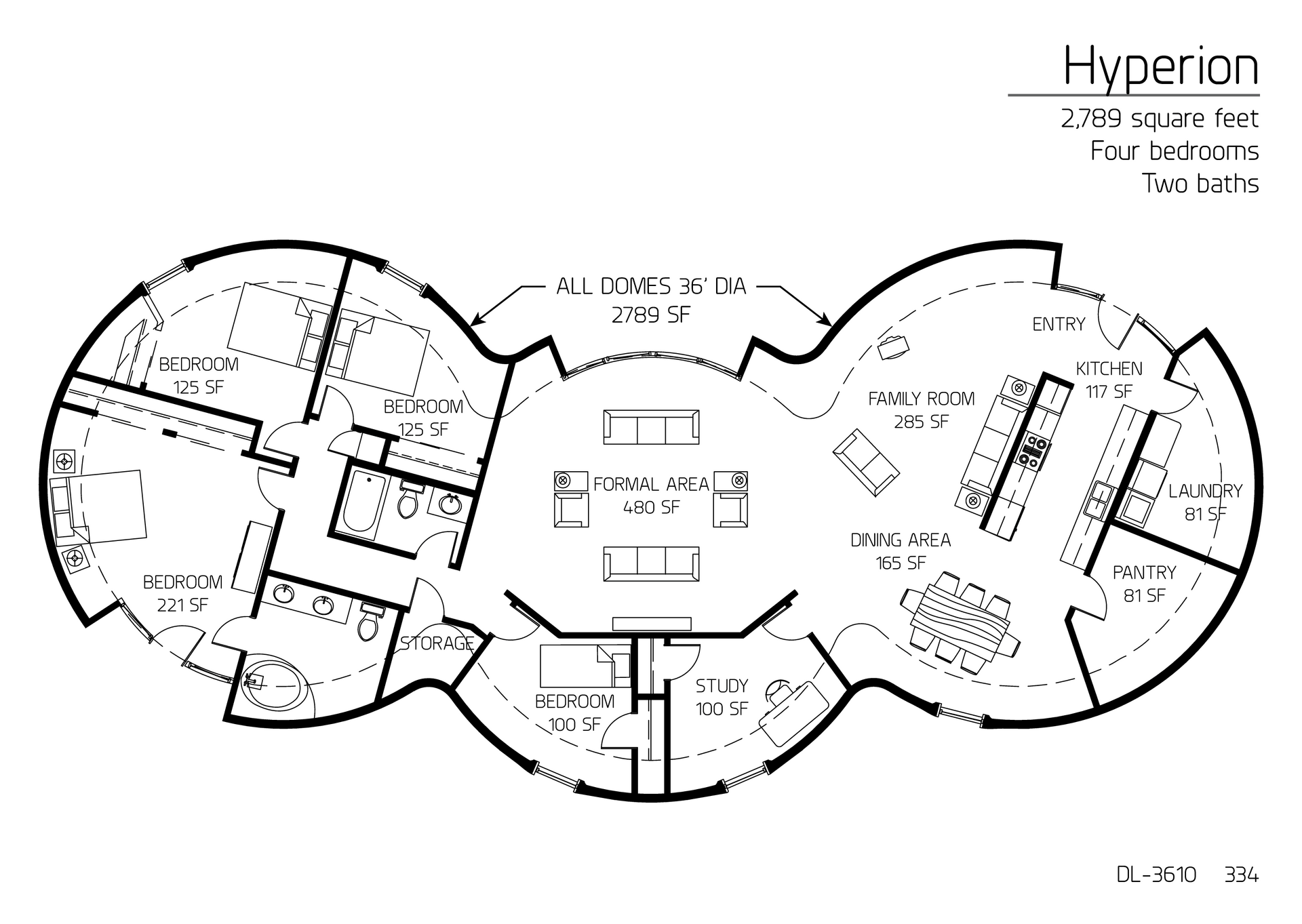 Hyperion: Three 36' Diameter Domes, 2,789 SF, Four-Bedroom, Two-Bath Floor Plan.
