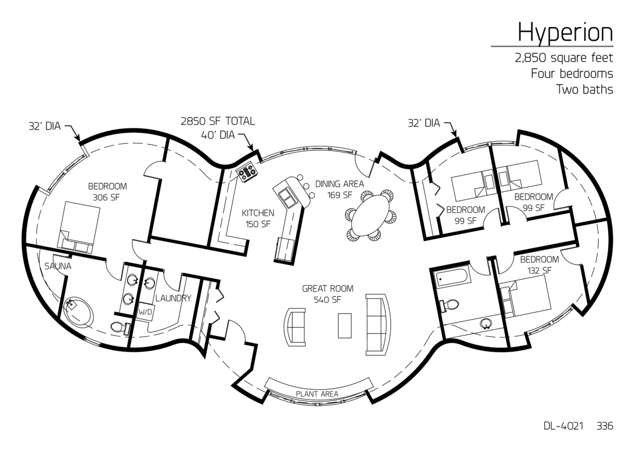 Hyperion: 32', 40', 32' Diameter Domes, 2,850 SF, Four-Bedroom, Three-Bath Floor Plan.