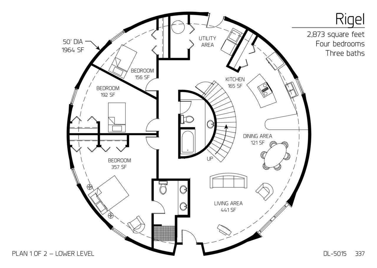 Rigel: Main Floor of a 50' Diameter, 2,873 SF, Four-Bedroom, Three-Bath Floor Plan.