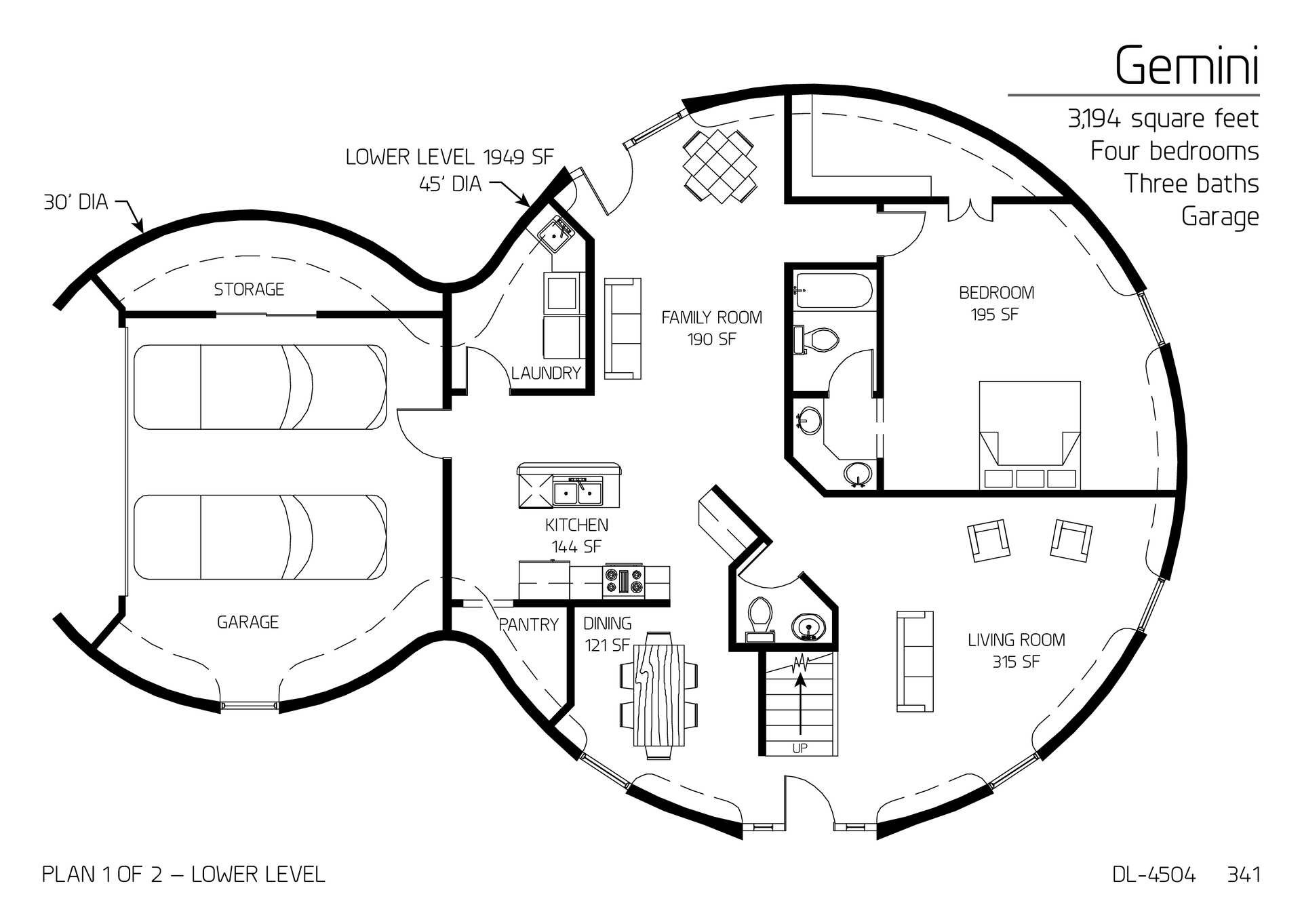 Gemini: Main Floor of a 30' and 45' Diameter Double Dome, 3,194 SF, Four-Bedroom, Two and a Half-Bath Floor Plan.