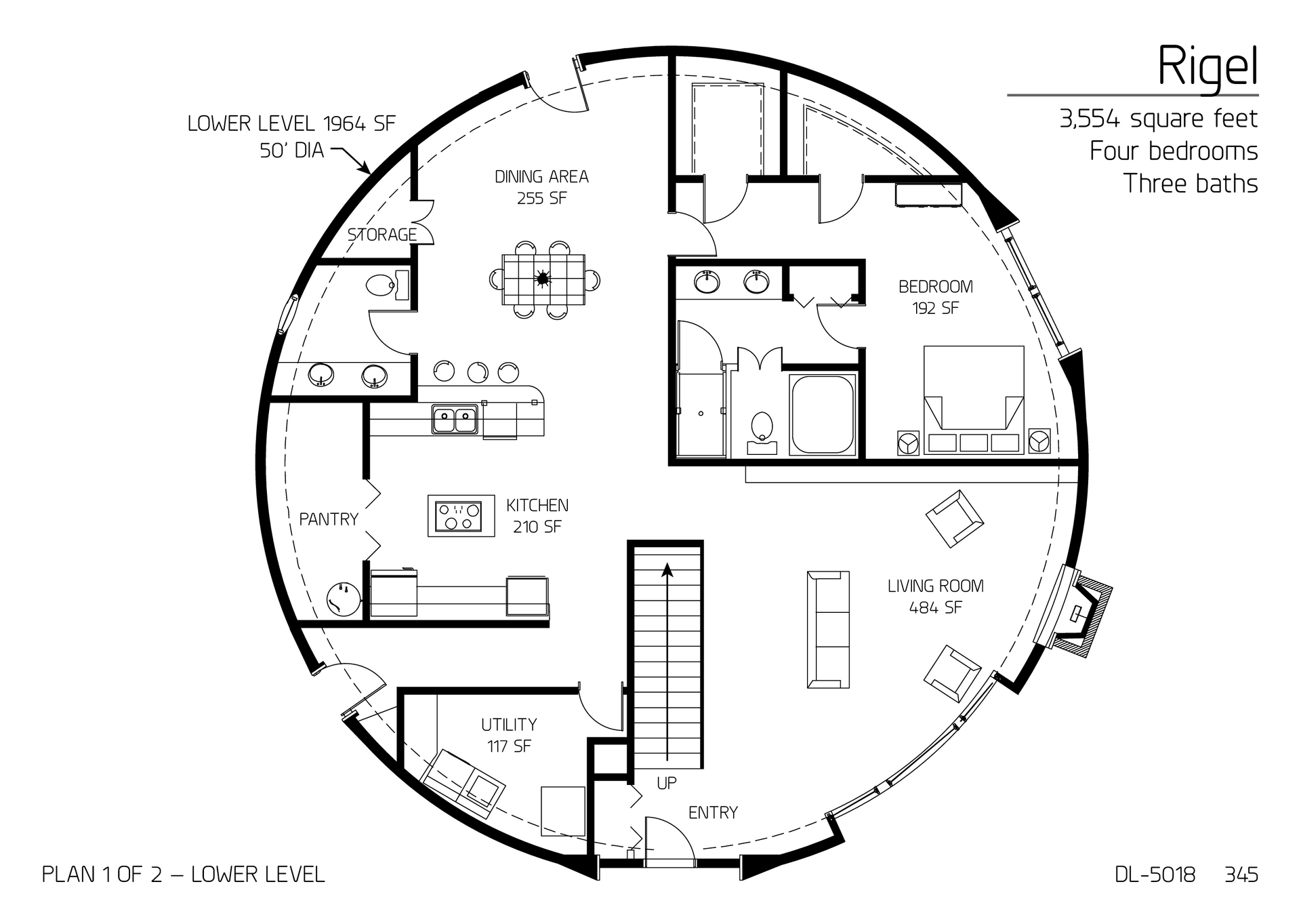 Rigel: Main Floor of a 50' Diameter, 3,554 SF, Four-Bedrooms, Three-Baths Floor Plan.