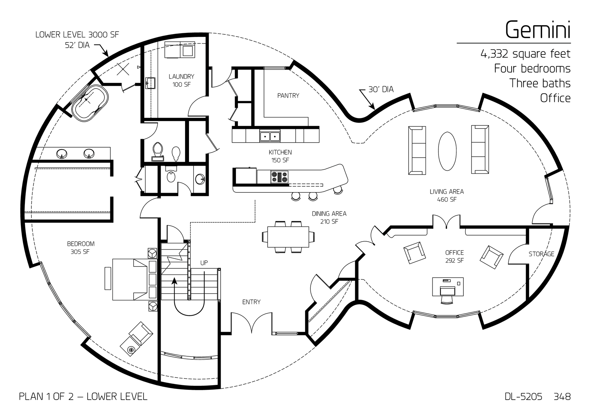 Gemini: Main Floor of a 52' and 30' Diameter Dome, 4,332 SF, Four-Bedroom, Three-bath Floor Plan.