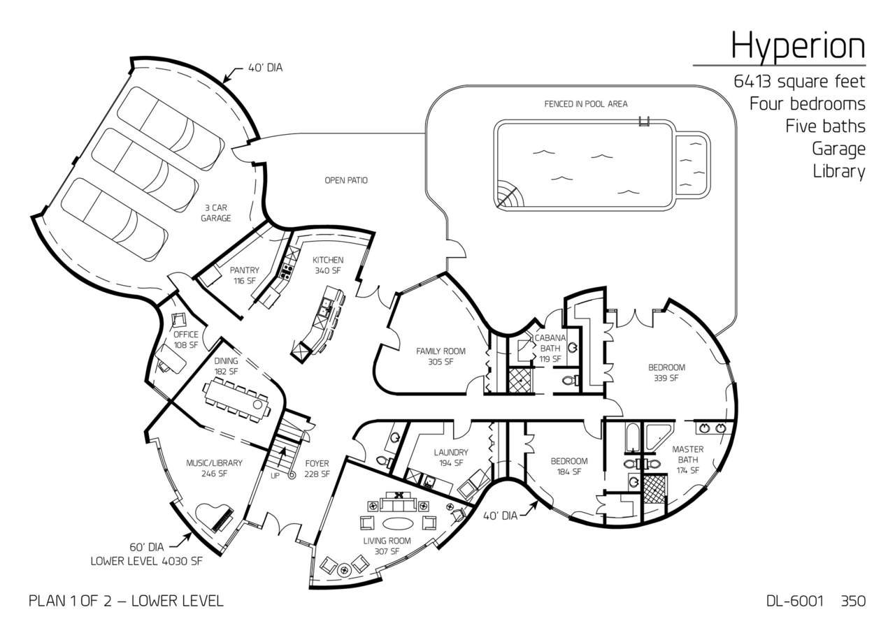 Hyperion: Main Floor of 40', 60' and 40' Diameter Dome, 6,413 SF, Four-Bedroom, Five-Bath Floor Plan.