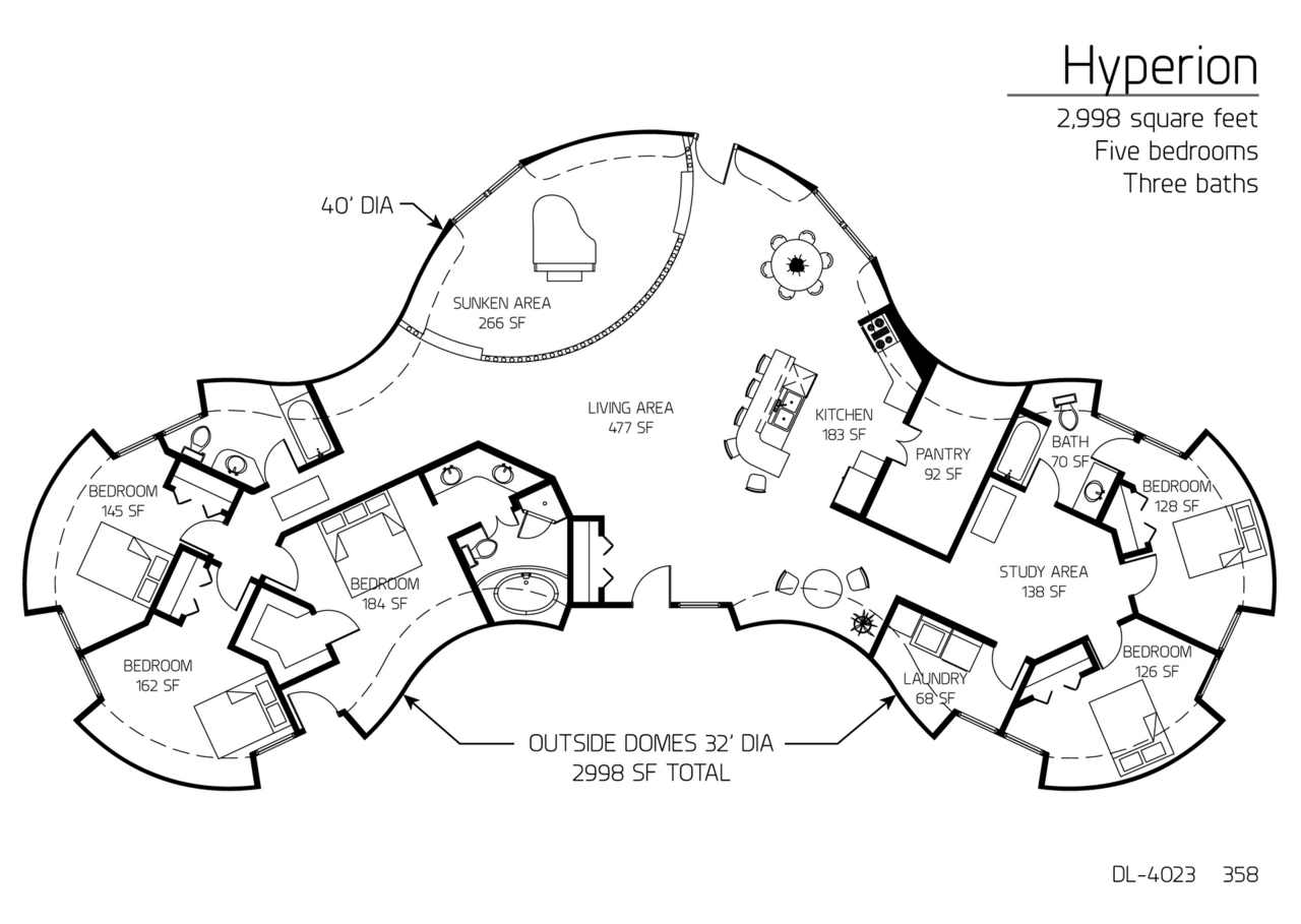 Hyperion: A 32', 40' and 32' Diameter Dome, 2,998 SF, Five-Bedroom, Three-Bath Floor Plan.
