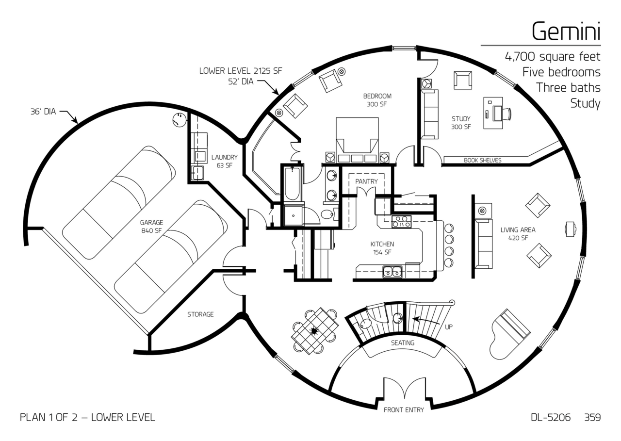 Gemini: Main Floor of a 36' and 52' Diameter Dome, 4700 SF, Five-Bedroom, Three-Bath Floor Plan.
