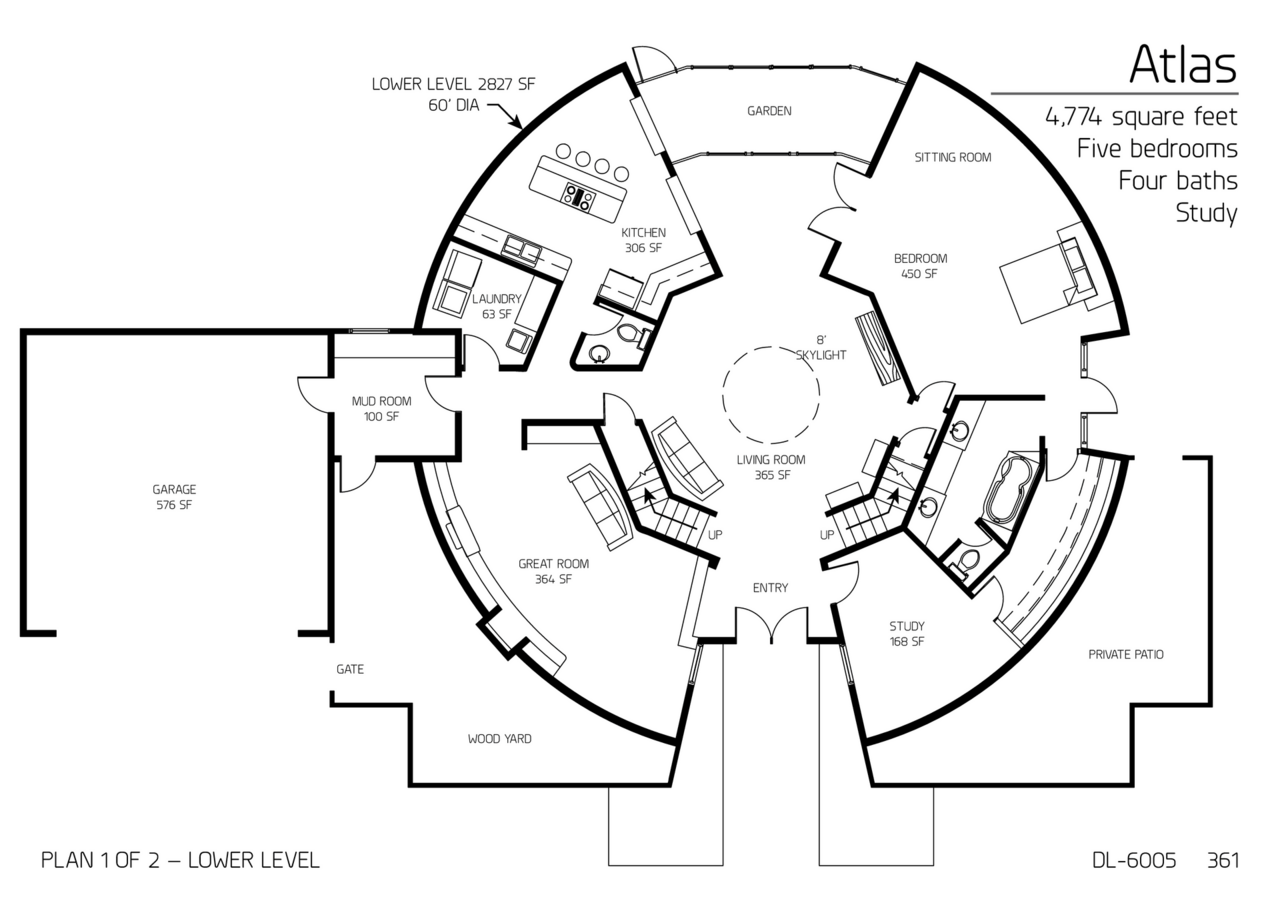 Atlas: Main floor of a 60' Diameter, 4774 SF, Five-Bedroom, Four-Bath Floor Plan.