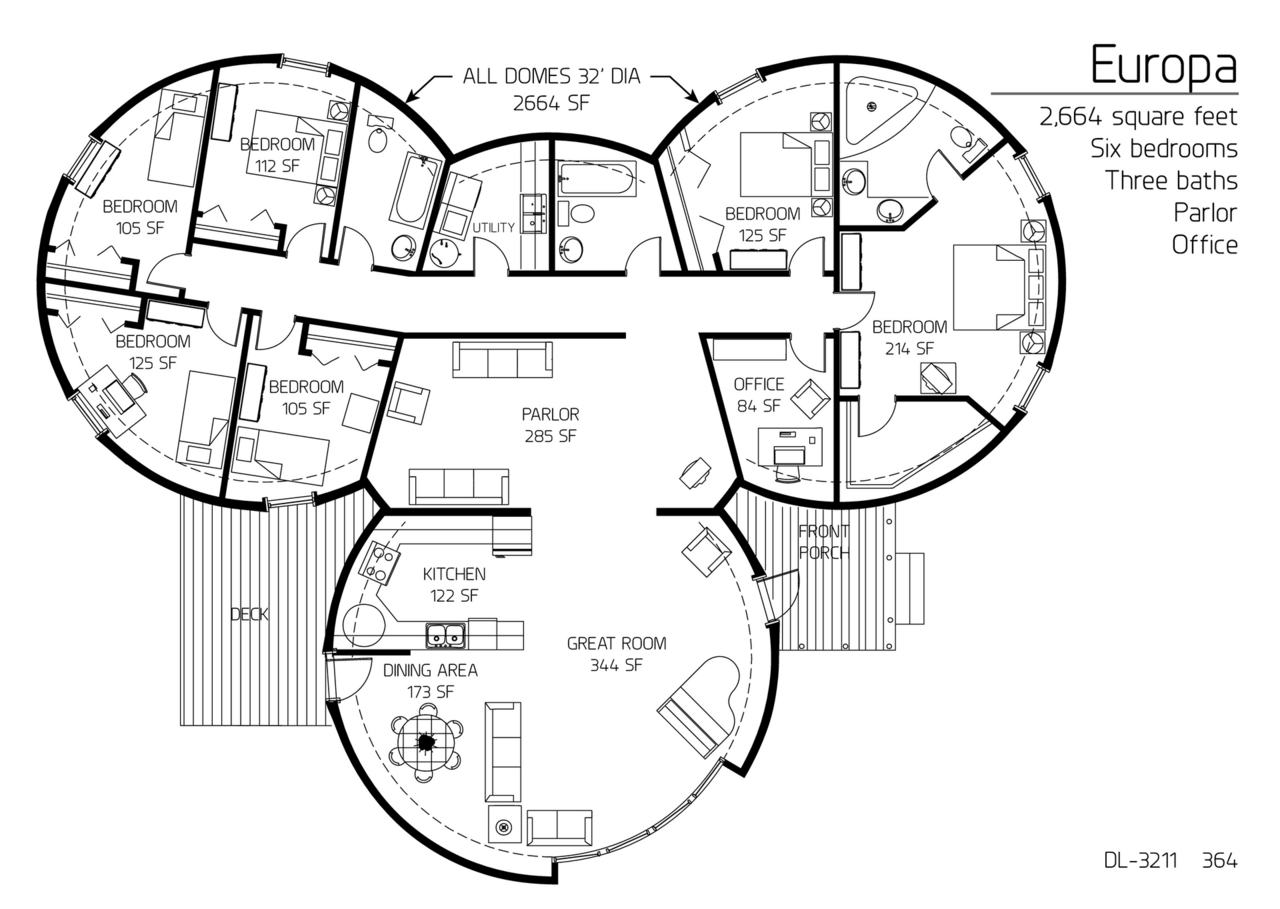 Europa: Four Interconnected 32' Diameter Domes, 2,664 SF, Six-Bedrooms, Three-Bath Floor Plan.
