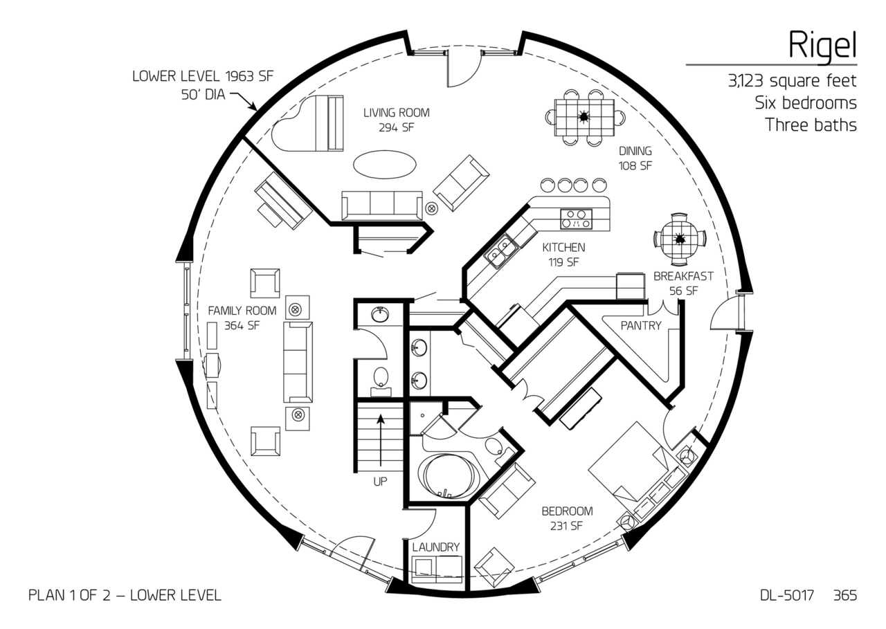 Rigel:  Main Floor of a 50' Diameter, 3123 SF, Six-Bedroom, Three-Bath Floor Plan.