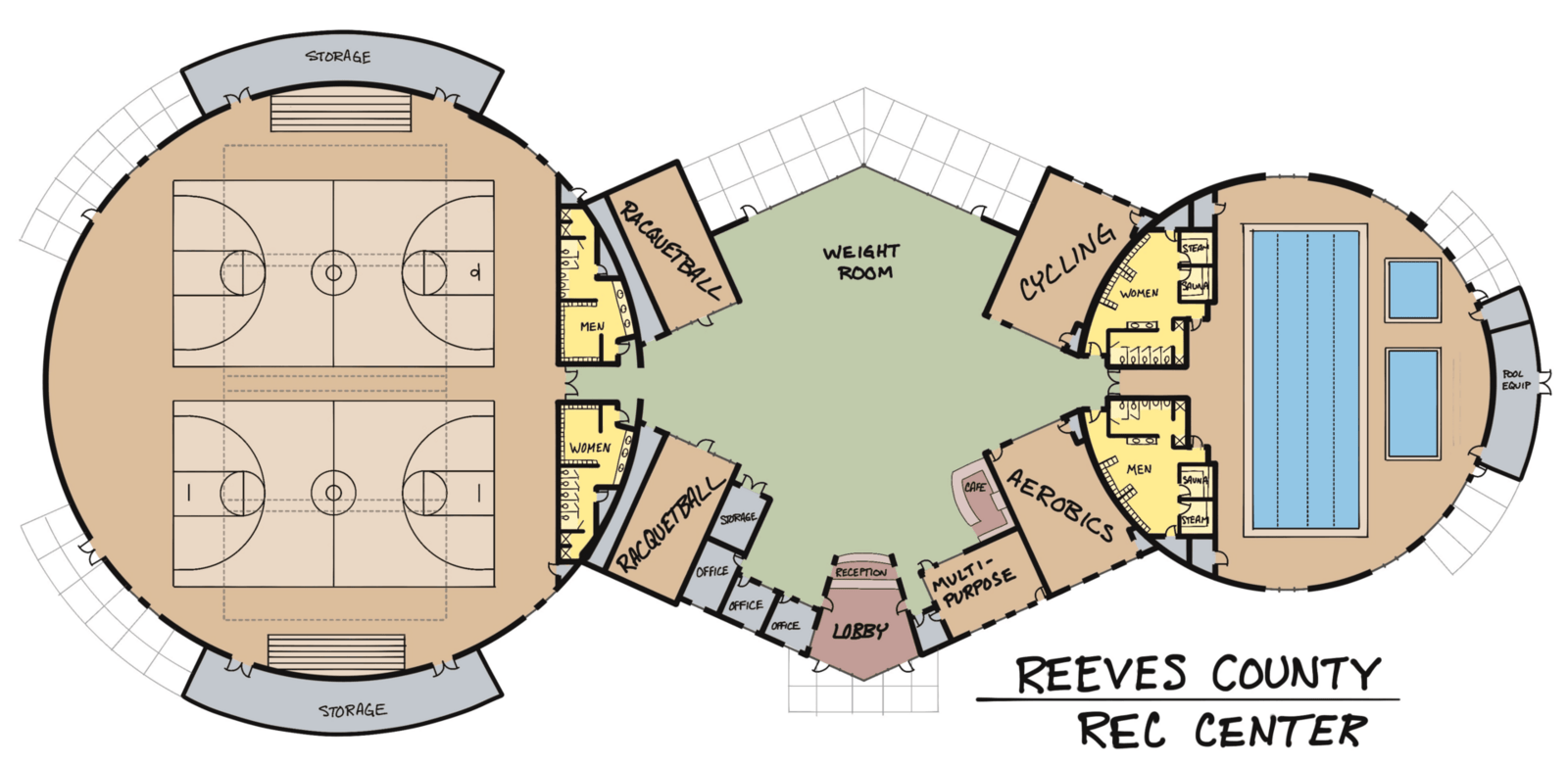 Illustrated floor plan of the recreation center.