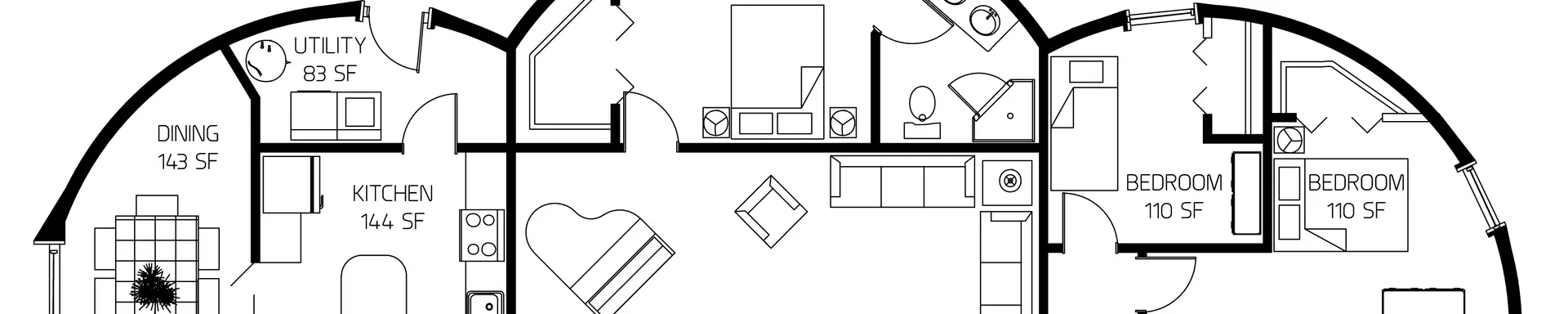 Banner image of Triton four bedroom Monolithic Dome floor plan.