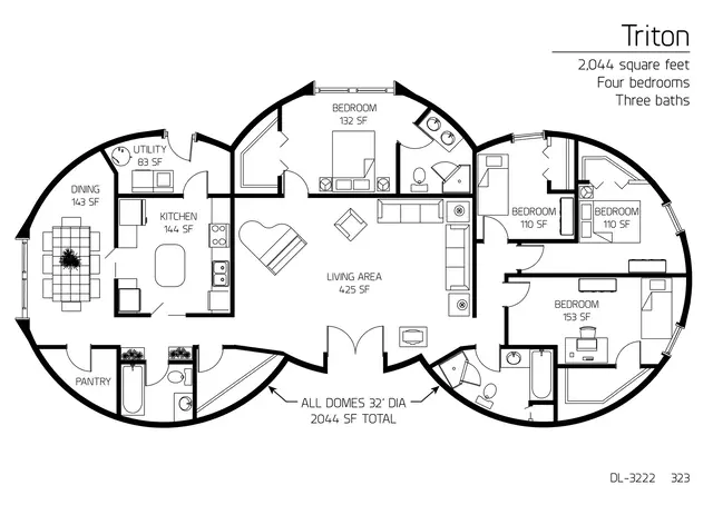 Triton four bedroom Monolithic Dome floor plan.