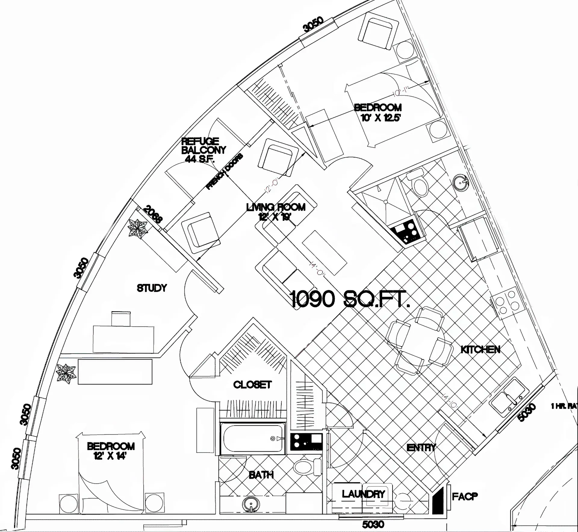 Floorplan for the 1,090-Square-Foot Apartments.