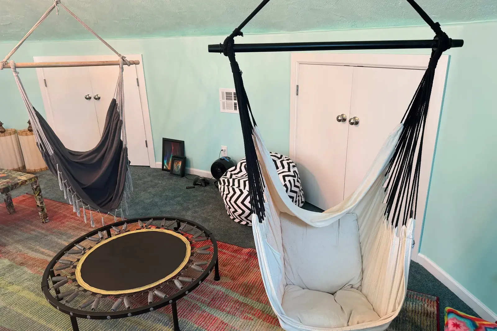 Loft Seating With Hanging Chairs.